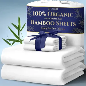 DECOLURE 100% Organic Viscose Derived from Bamboo Sheets Queen Size 4pcs - Ultra Soft & Luxuriously Cooling, 17" Deep Pocket, Double Stitching, Perfect for Hot Sleepers - Queen Bed Sheets (White)