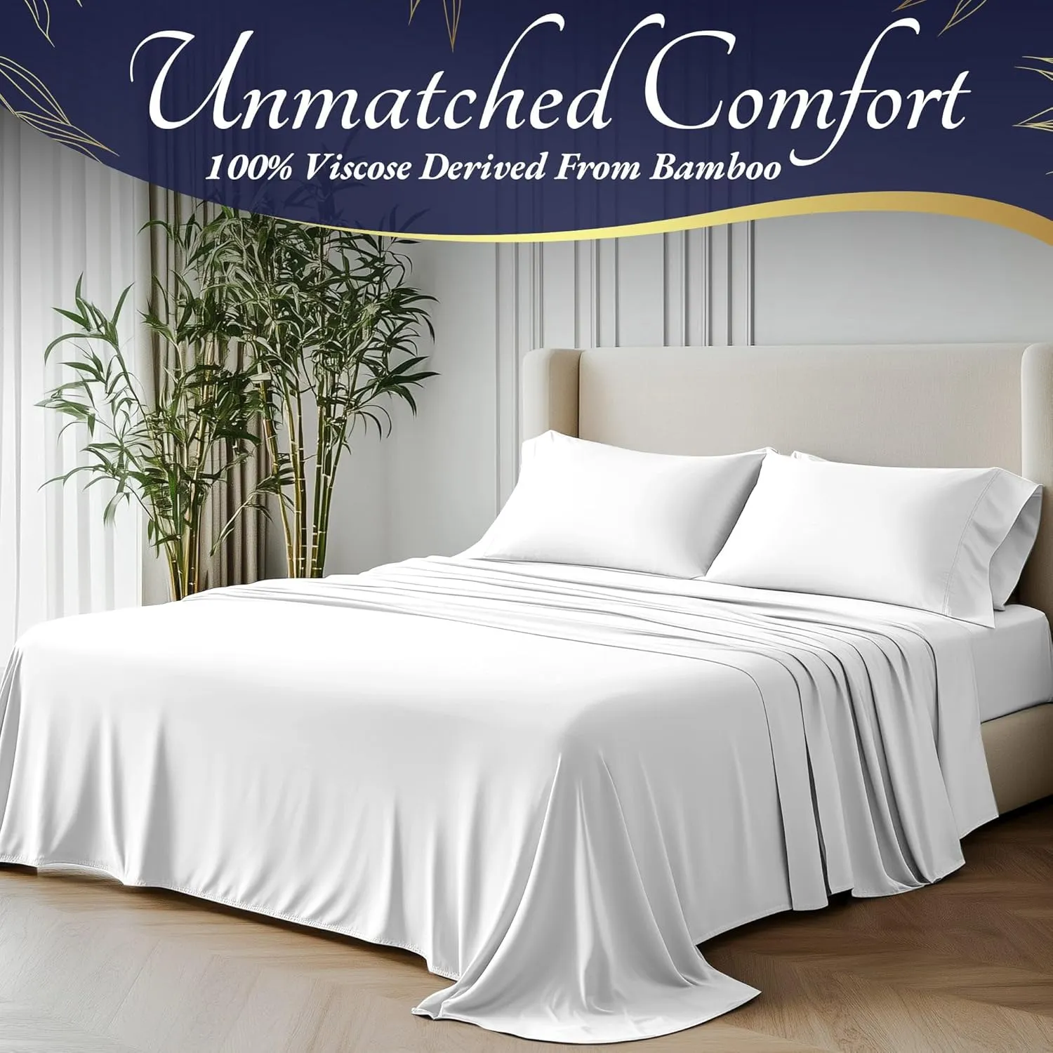 DECOLURE 100% Organic Viscose Derived from Bamboo Sheets Queen Size 4pcs - Ultra Soft & Luxuriously Cooling, 17" Deep Pocket, Double Stitching, Perfect for Hot Sleepers - Queen Bed Sheets (White)
