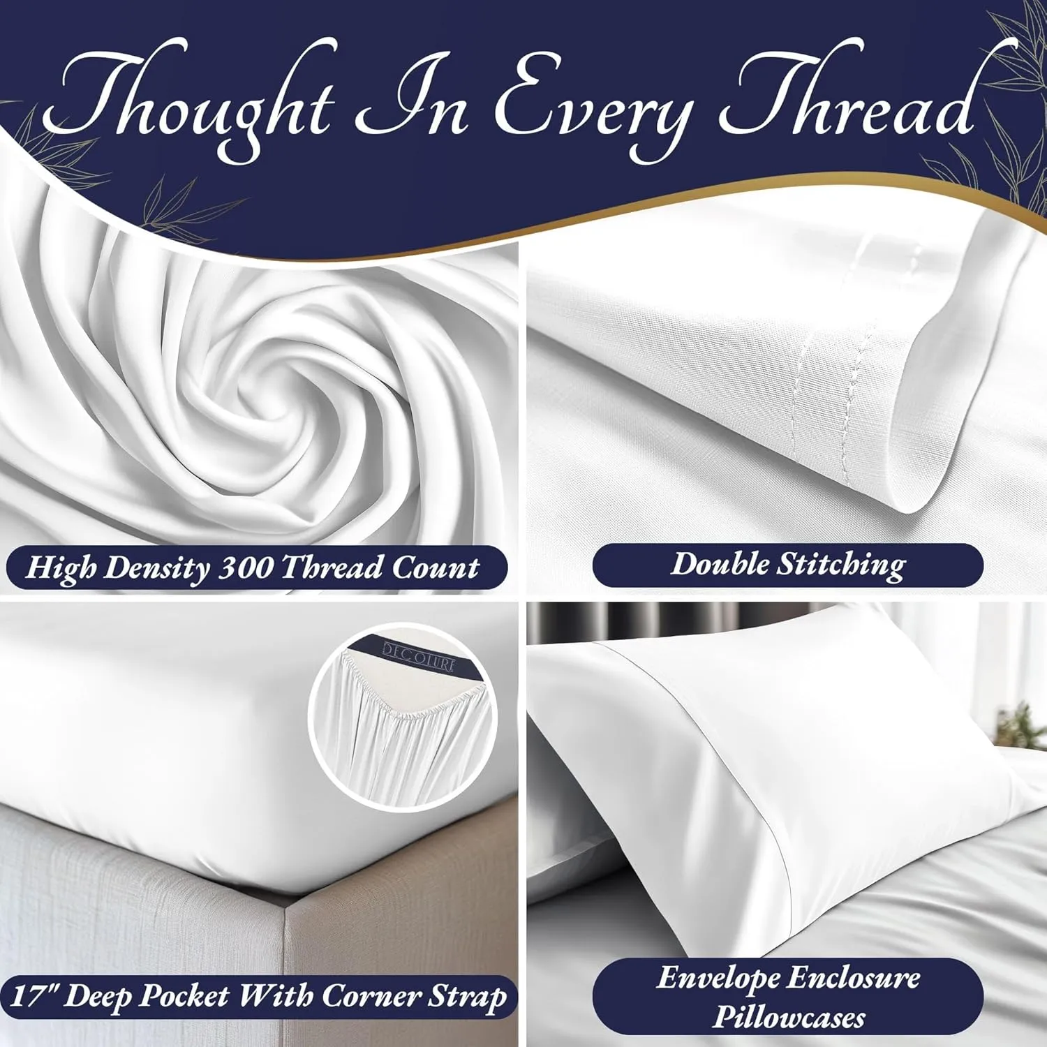 DECOLURE 100% Organic Viscose Derived from Bamboo Sheets Queen Size 4pcs - Ultra Soft & Luxuriously Cooling, 17" Deep Pocket, Double Stitching, Perfect for Hot Sleepers - Queen Bed Sheets (White)
