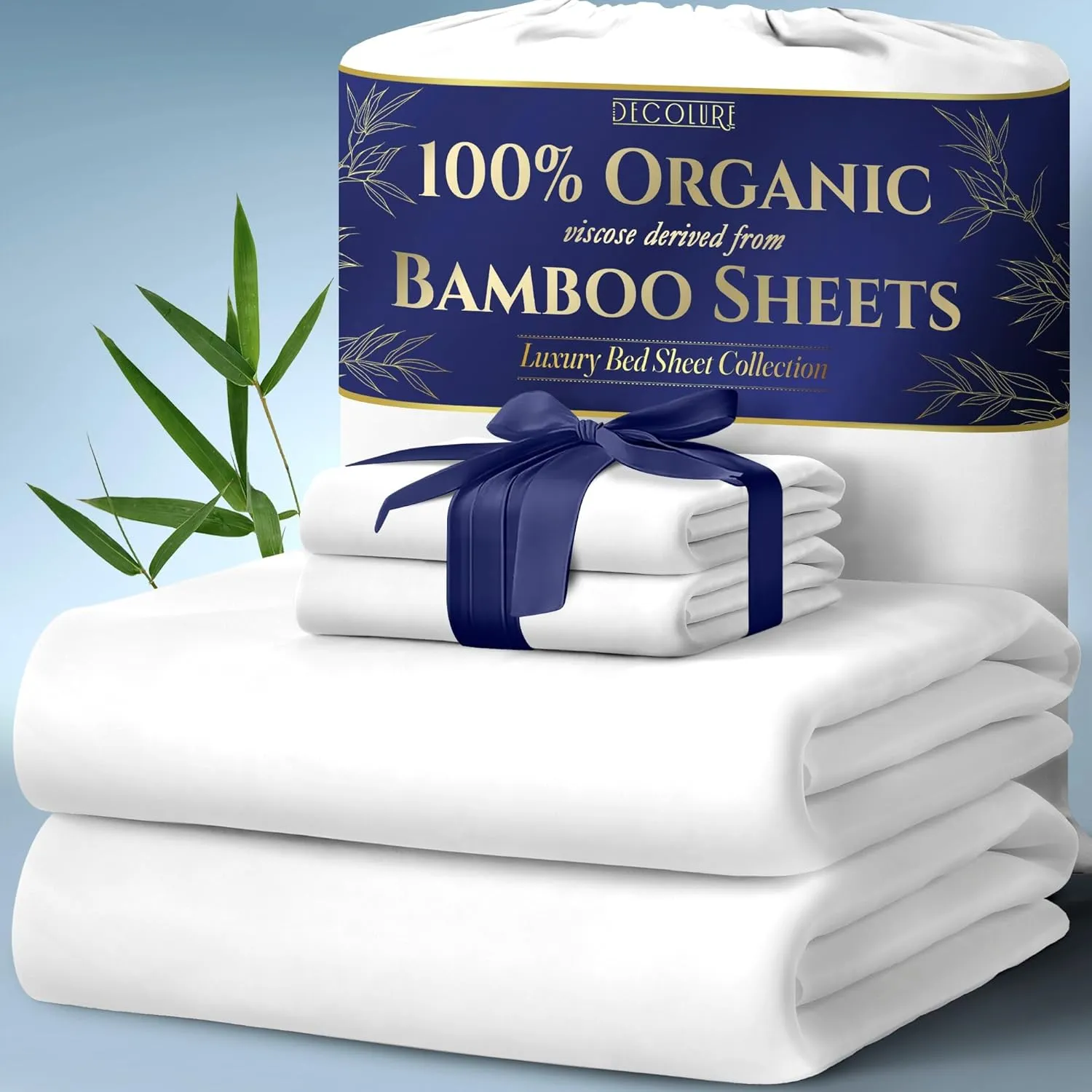 DECOLURE 100% Organic Viscose Derived from Bamboo Sheets Queen Size 4pcs - Ultra Soft & Luxuriously Cooling, 17" Deep Pocket, Double Stitching, Perfect for Hot Sleepers - Queen Bed Sheets (White)