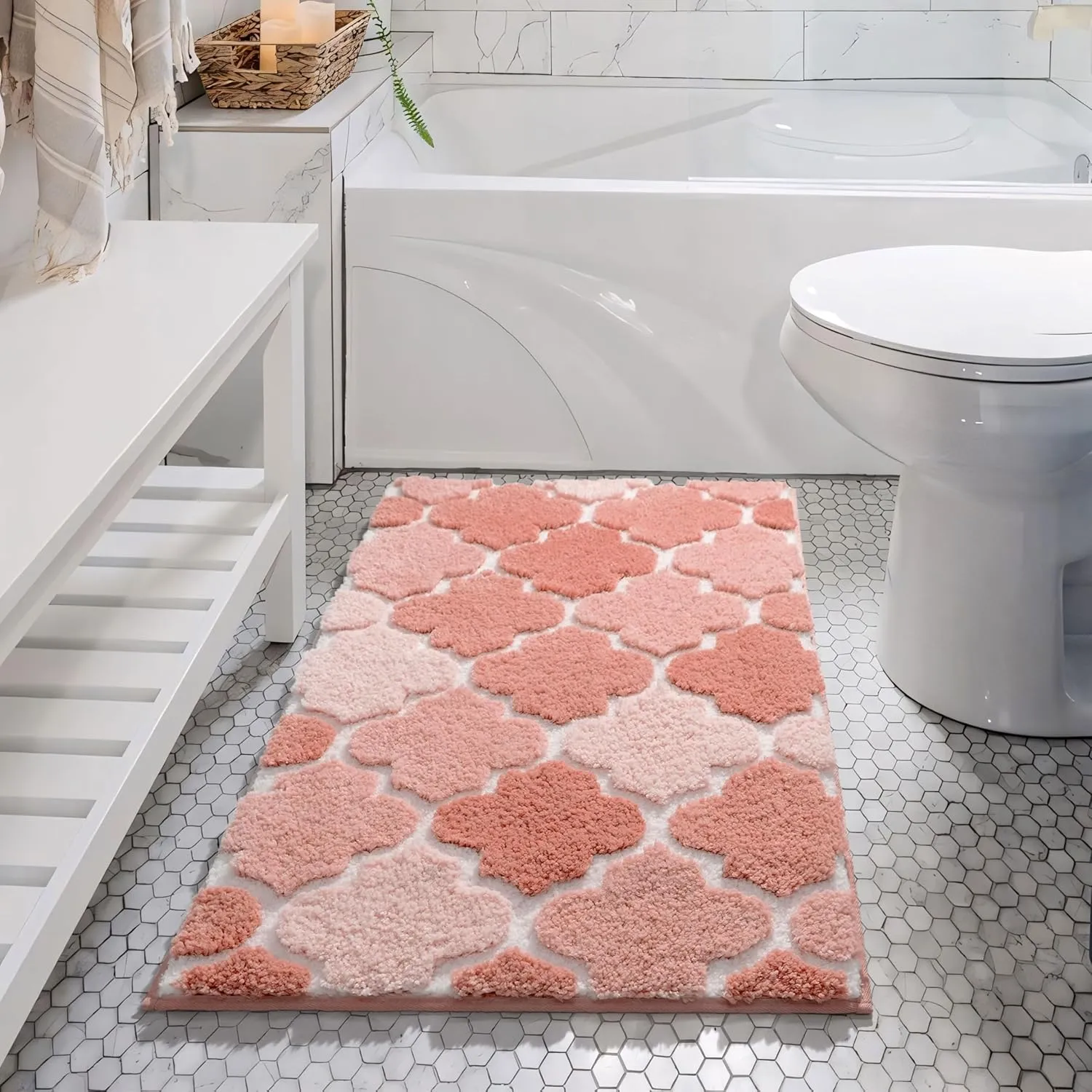 DEXDE Bathroom Rug Non-Slip, Extra Absorbent Shaggy Bath Mat, Machine Washable Soft Plush Throw Rug for Bathroom Floor Tub and Shower, 20" x 32" Pink