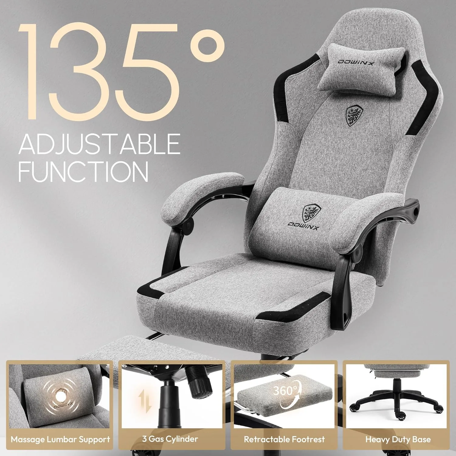 Dowinx Fabric Gaming Chair with Pocket Spring Cushion,Breathable Computer Chair with Massage Lumbar Support and Footrest,High Back Game Office Chair for Adult,Grey