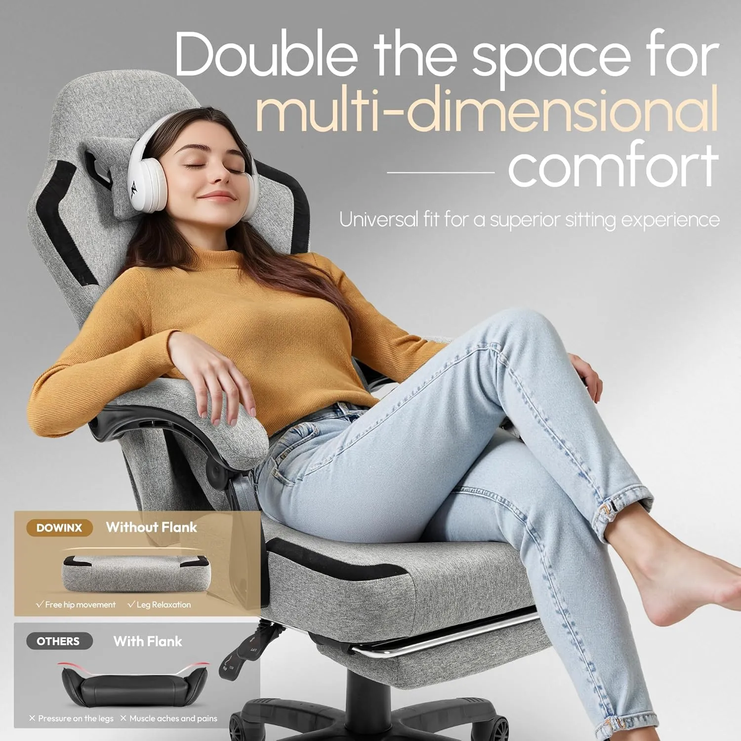Dowinx Fabric Gaming Chair with Pocket Spring Cushion,Breathable Computer Chair with Massage Lumbar Support and Footrest,High Back Game Office Chair for Adult,Grey