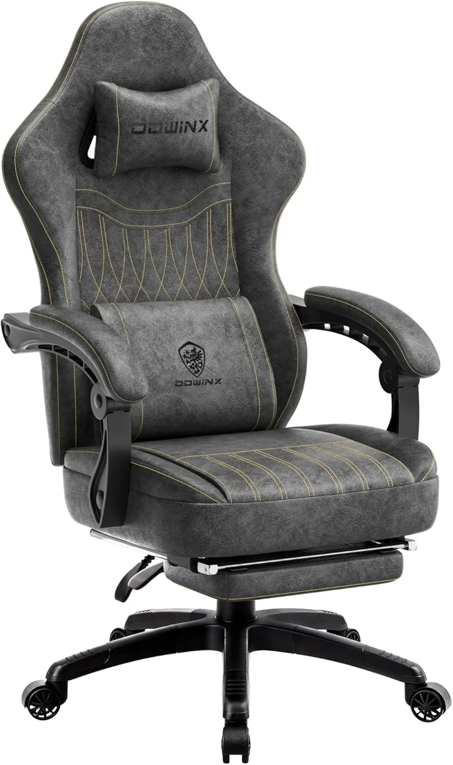Dowinx Gaming Chair Breathable PU Leather Gamer Chair with Pocket Spring Cushion, Ergonomic Computer Chair with Massage Lumbar Support,Adjustable Swivel Task Chair with Footrest(Gray)