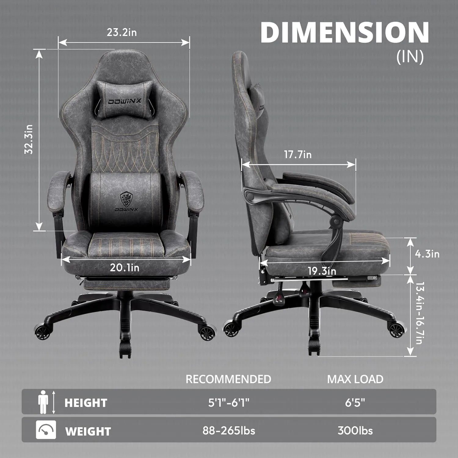 Dowinx Gaming Chair Breathable PU Leather Gamer Chair with Pocket Spring Cushion, Ergonomic Computer Chair with Massage Lumbar Support,Adjustable Swivel Task Chair with Footrest(Gray)
