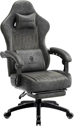 Dowinx Gaming Chair Breathable PU Leather Gamer Chair with Pocket Spring Cushion, Ergonomic Computer Chair with Massage Lumbar Support,Adjustable Swivel Task Chair with Footrest(Gray)