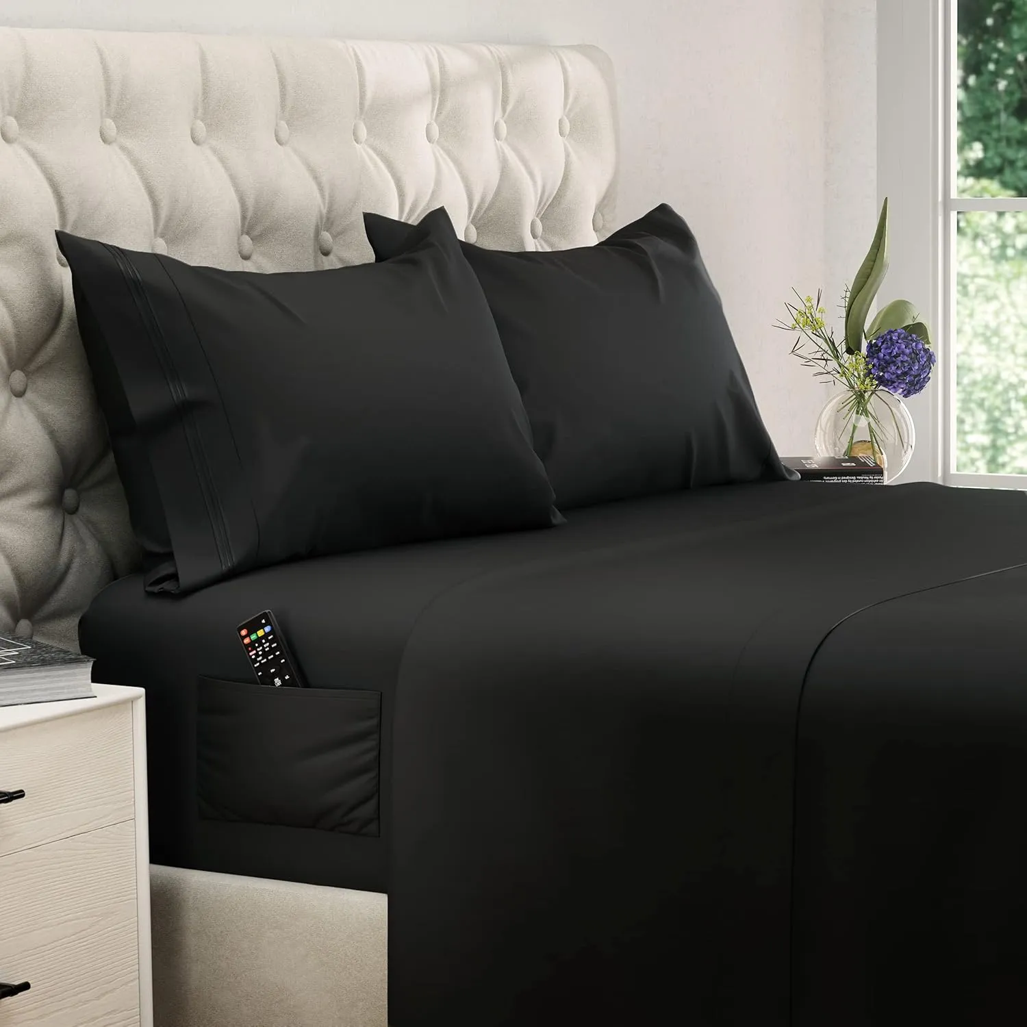 DREAMCARE King Size Sheets Set - Cooling Bed Sheets - 4pcs Set - up to 15" Deep Pocket King Sheet Set – Soft & Long Lasting Cooling - 100% Fine Brushed Polyester with Side Pocket - Black