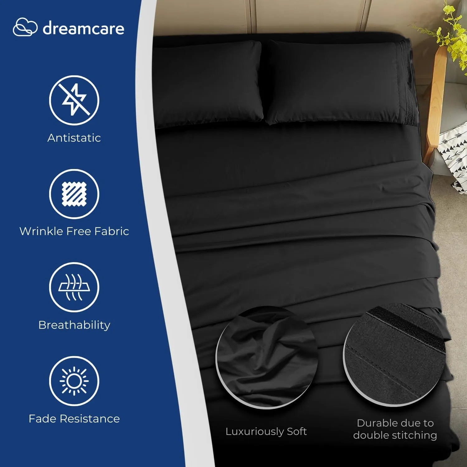 DREAMCARE King Size Sheets Set - Cooling Bed Sheets - 4pcs Set - up to 15" Deep Pocket King Sheet Set – Soft & Long Lasting Cooling - 100% Fine Brushed Polyester with Side Pocket - Black