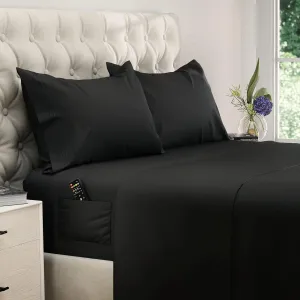 DREAMCARE King Size Sheets Set - Cooling Bed Sheets - 4pcs Set - up to 15" Deep Pocket King Sheet Set – Soft & Long Lasting Cooling - 100% Fine Brushed Polyester with Side Pocket - Black
