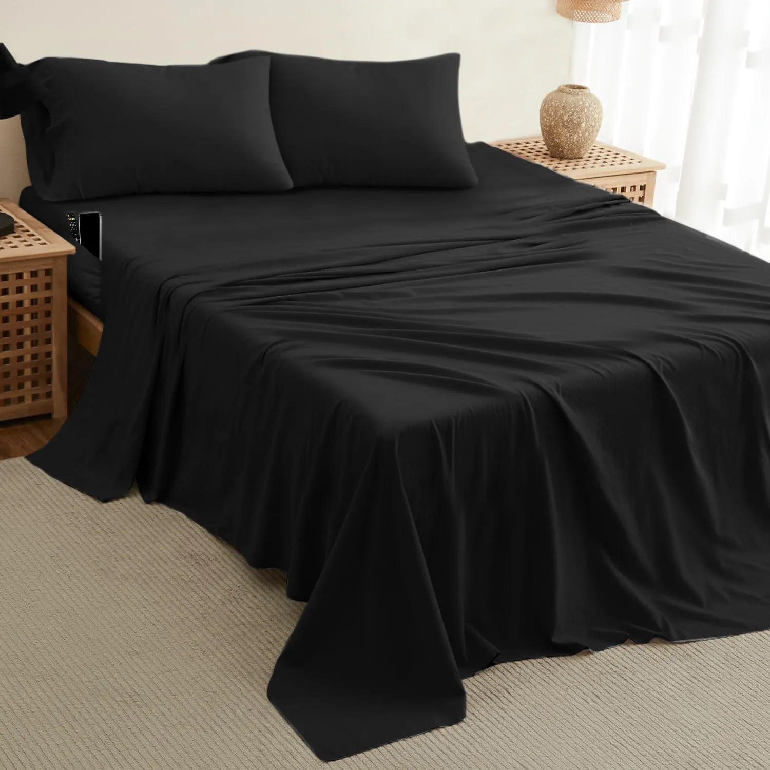 DREAMCARE King Size Sheets Set - Cooling Bed Sheets - 4pcs Set - up to 15" Deep Pocket King Sheet Set – Soft & Long Lasting Cooling - 100% Fine Brushed Polyester with Side Pocket - Black