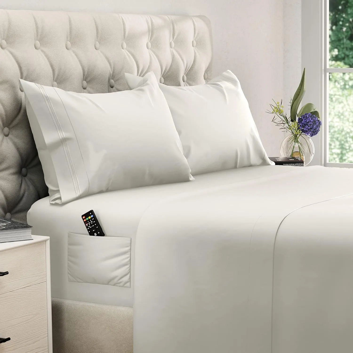 DREAMCARE Twin XL Sheet Set - Cooling Bed Sheets - 4pc Set - up to 15" Deep Pocket - Soft & Long Lasting 100% Fine Brushed Polyester with Side Pocket - Ivory