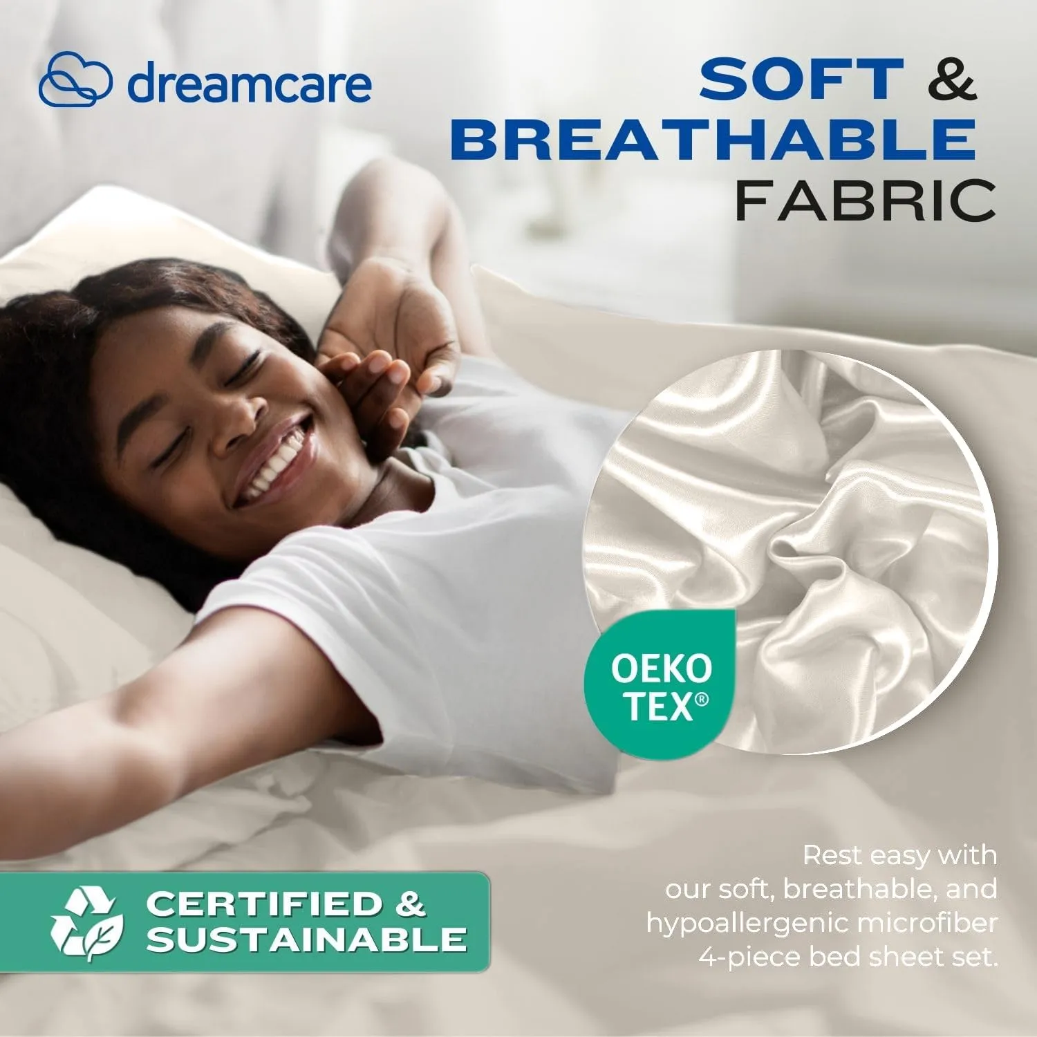 DREAMCARE Twin XL Sheet Set - Cooling Bed Sheets - 4pc Set - up to 15" Deep Pocket - Soft & Long Lasting 100% Fine Brushed Polyester with Side Pocket - Ivory