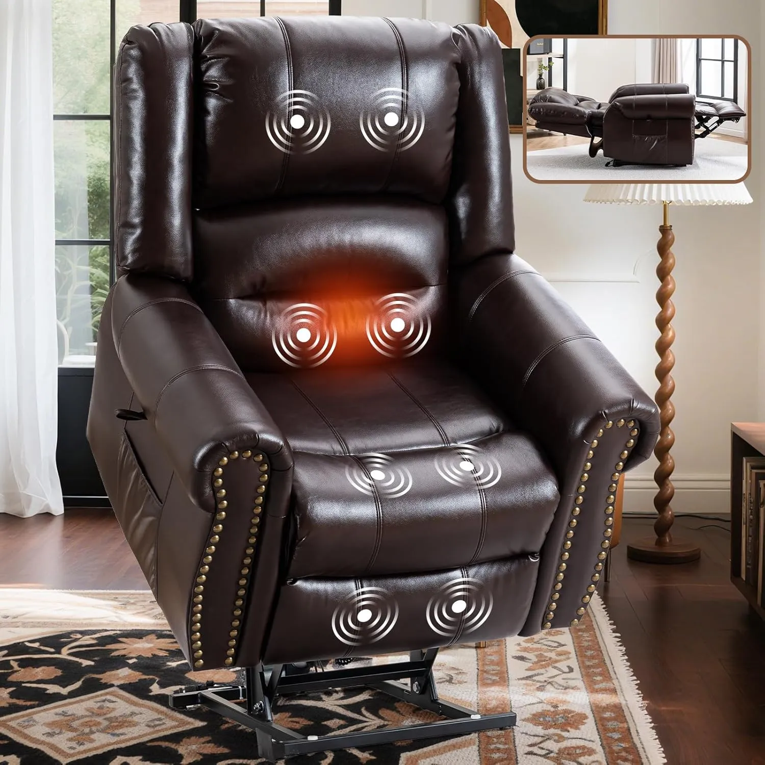 Dual Motor Power Lift Recliner Chair for Elderly with Heat and Massage, Lay Flat Large Lift Chairs Recliners for Seniors Infinite Position w/USB and Remote Control, Breathable Leather, Brown
