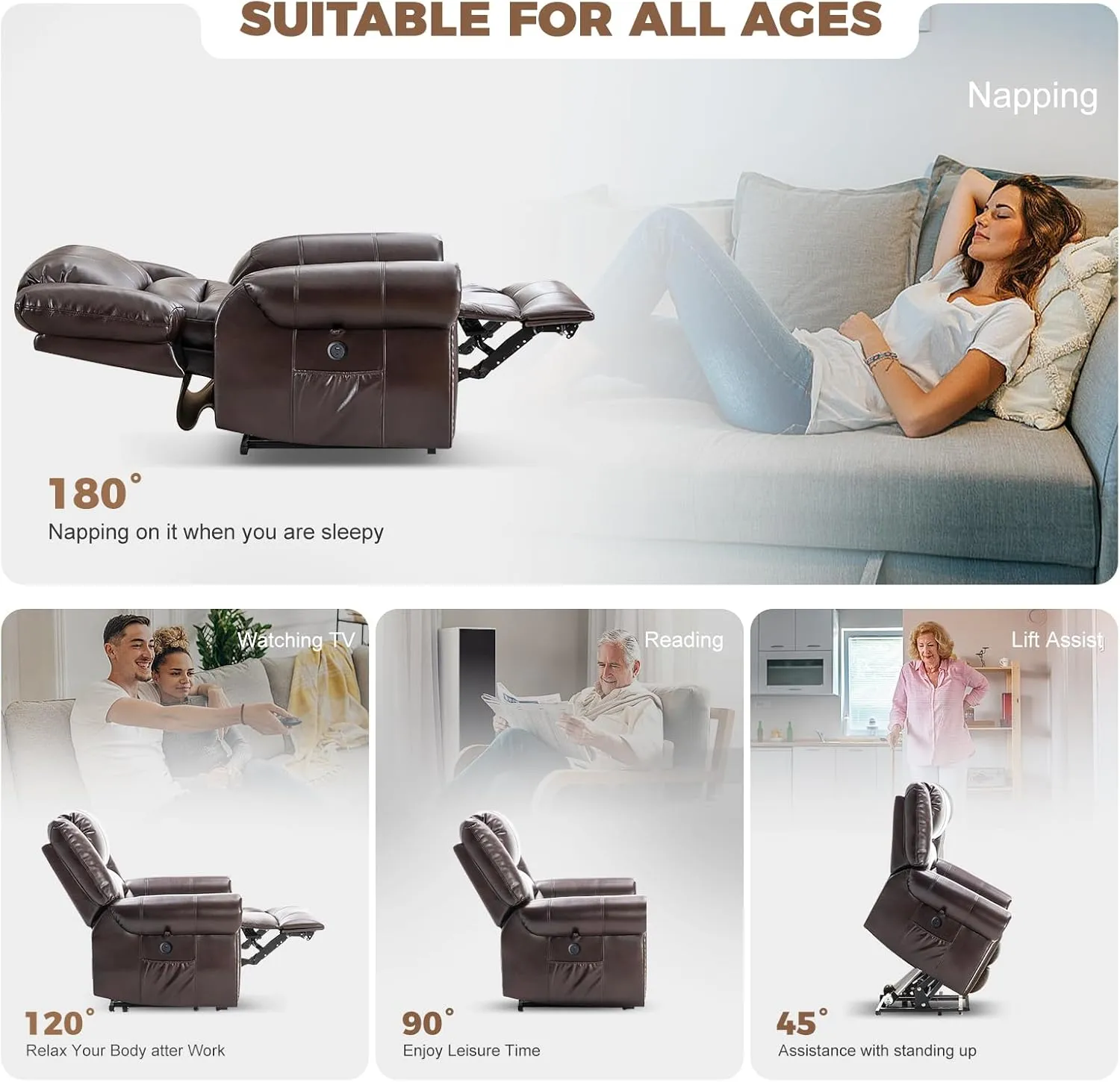 Dual Motor Power Lift Recliner Chair for Elderly with Heat and Massage, Lay Flat Large Lift Chairs Recliners for Seniors Infinite Position w/USB and Remote Control, Breathable Leather, Brown