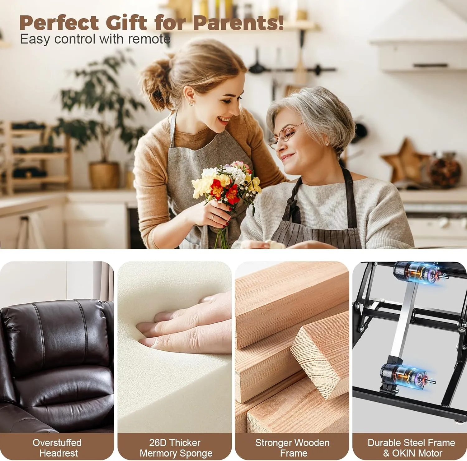 Dual Motor Power Lift Recliner Chair for Elderly with Heat and Massage, Lay Flat Large Lift Chairs Recliners for Seniors Infinite Position w/USB and Remote Control, Breathable Leather, Brown