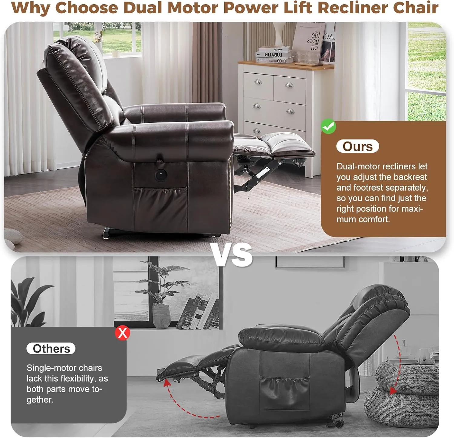 Dual Motor Power Lift Recliner Chair for Elderly with Heat and Massage, Lay Flat Large Lift Chairs Recliners for Seniors Infinite Position w/USB and Remote Control, Breathable Leather, Brown