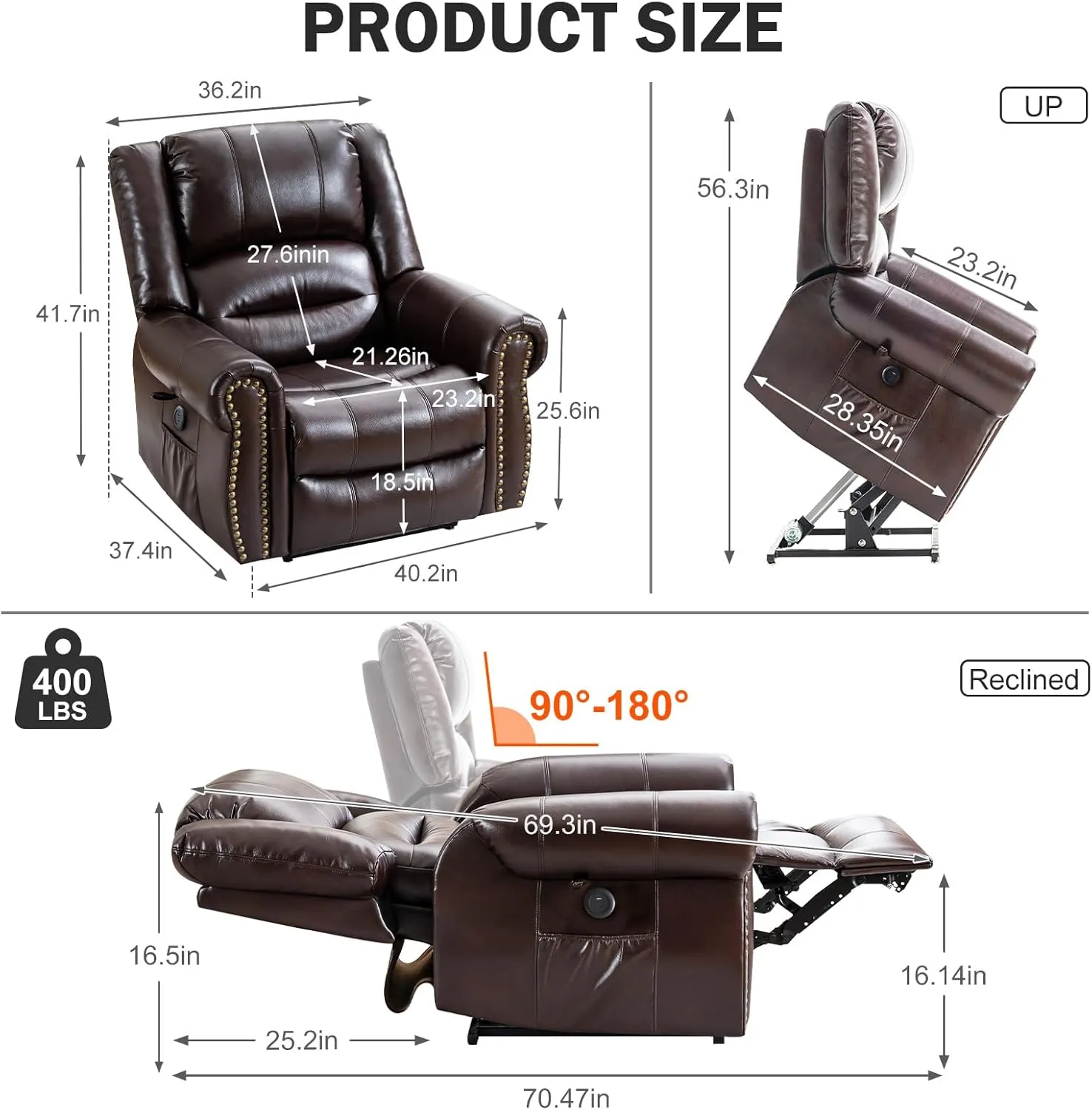 Dual Motor Power Lift Recliner Chair for Elderly with Heat and Massage, Lay Flat Large Lift Chairs Recliners for Seniors Infinite Position w/USB and Remote Control, Breathable Leather, Brown