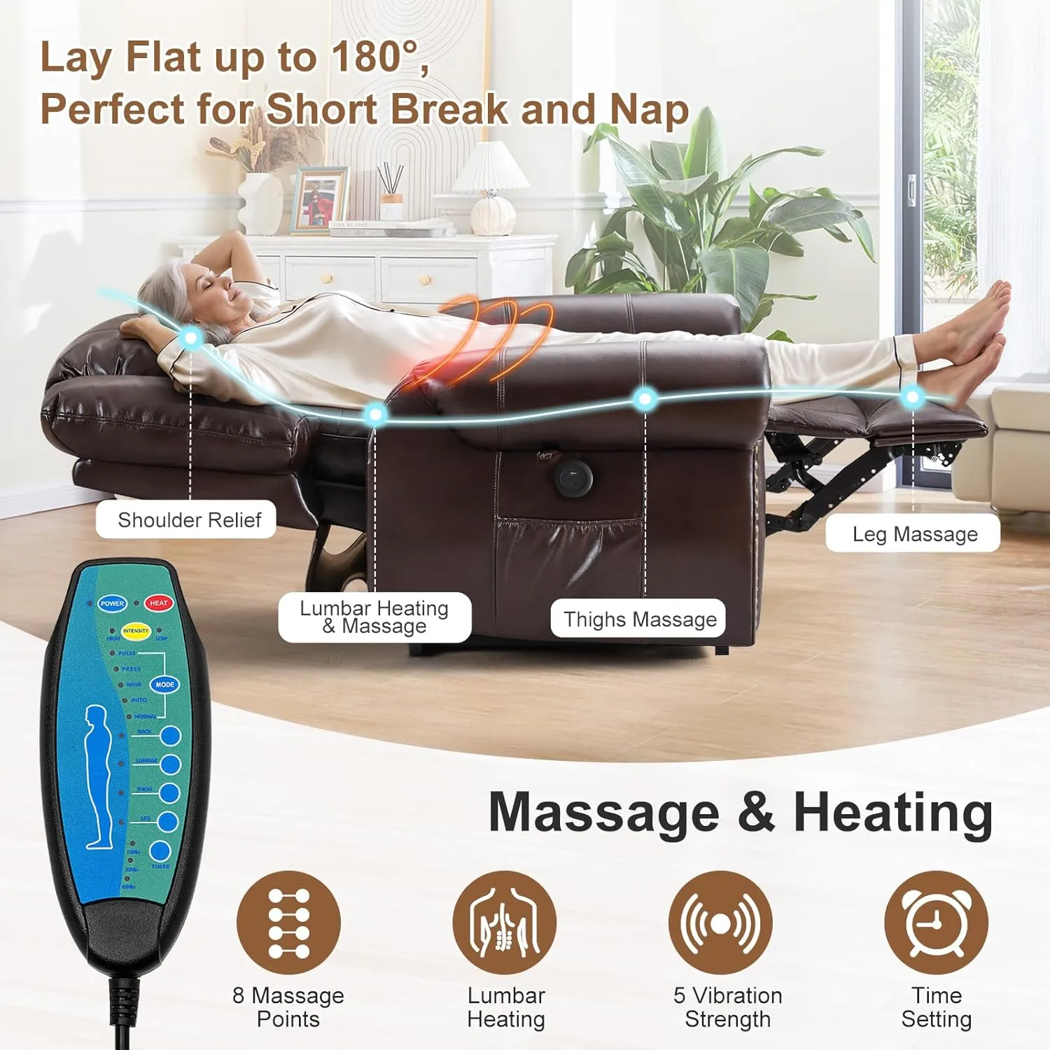 Dual Motor Power Lift Recliner Chair for Elderly with Heat and Massage, Lay Flat Large Lift Chairs Recliners for Seniors Infinite Position w/USB and Remote Control, Breathable Leather, Brown