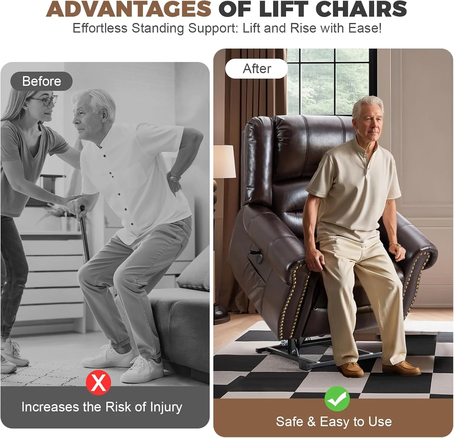 Dual Motor Power Lift Recliner Chair for Elderly with Heat and Massage, Lay Flat Large Lift Chairs Recliners for Seniors Infinite Position w/USB and Remote Control, Breathable Leather, Brown