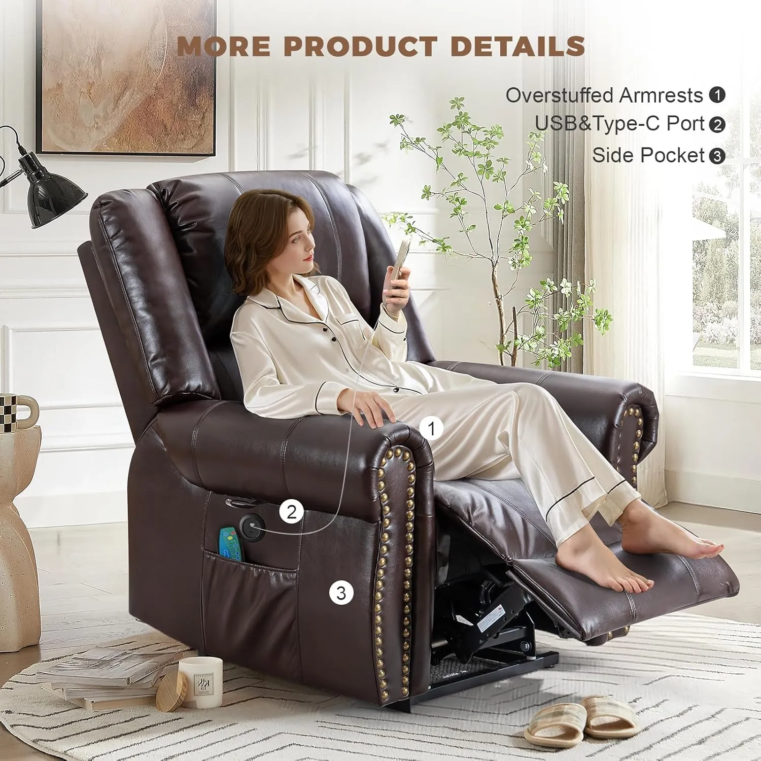 Dual Motor Power Lift Recliner Chair for Elderly with Heat and Massage, Lay Flat Large Lift Chairs Recliners for Seniors Infinite Position w/USB and Remote Control, Breathable Leather, Brown
