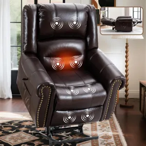 Dual Motor Power Lift Recliner Chair for Elderly with Heat and Massage, Lay Flat Large Lift Chairs Recliners for Seniors Infinite Position w/USB and Remote Control, Breathable Leather, Brown