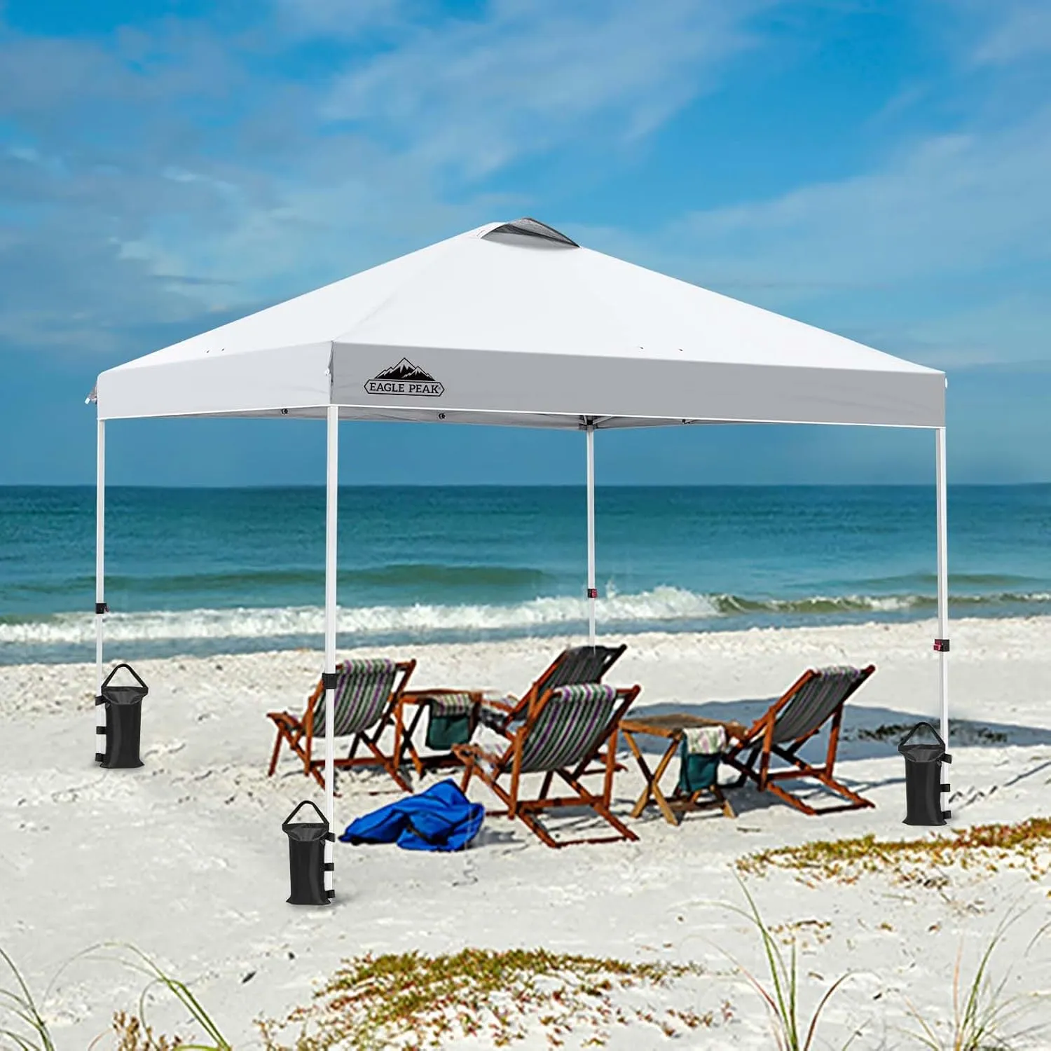 EAGLE PEAK Pop Up Canopy Tent with Wheeled Carry Bag, 8 Stakes, 4 Ropes, 4 Weight Bags, Easy Set Up Tent Canopy, 10x10 ft, 100sqft of Shade, White