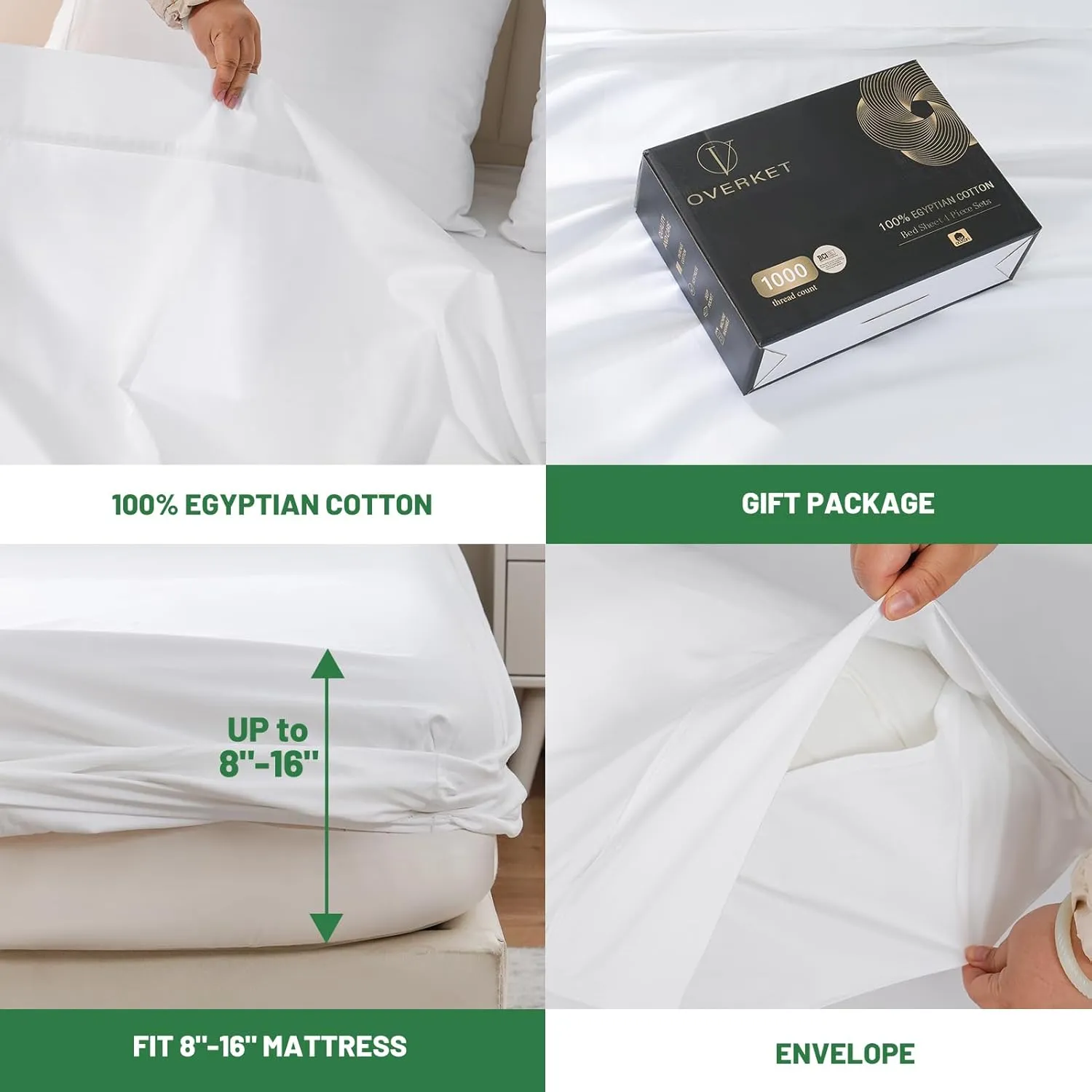 Egyptian Cotton Sheets Full Size 1000 Thread Count Sateen Weave Soft Breathable 16-Inch Deep Pocket 4PCS（Full,White）