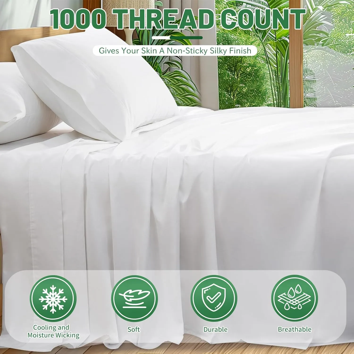 Egyptian Cotton Sheets Full Size 1000 Thread Count Sateen Weave Soft Breathable 16-Inch Deep Pocket 4PCS（Full,White）