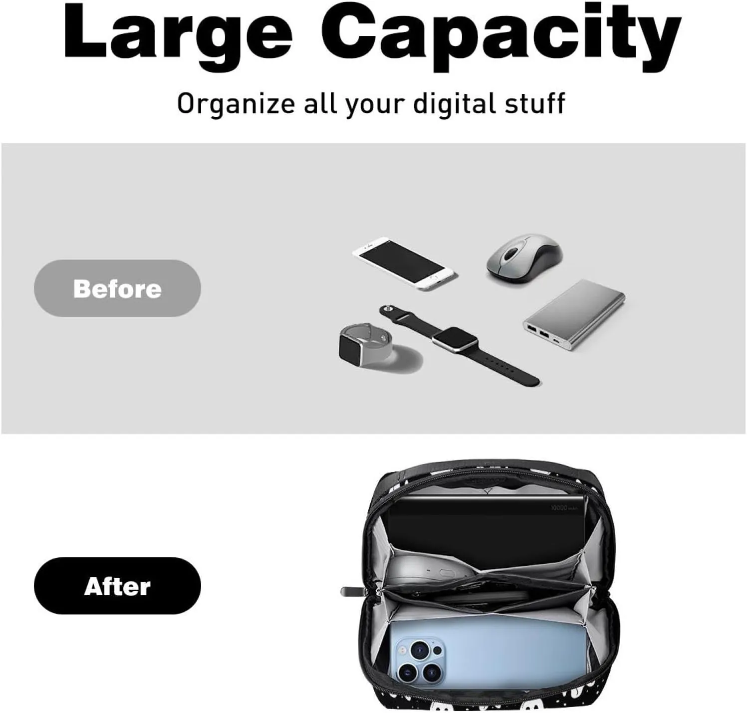 Electronics Organizer, Halloween Ghost Spooky Pattern Small Travel Cable Organizer Carrying Bag, Compact Tech Case Bag for Electronic Accessories, Cords, Charger, USB, Hard Drives