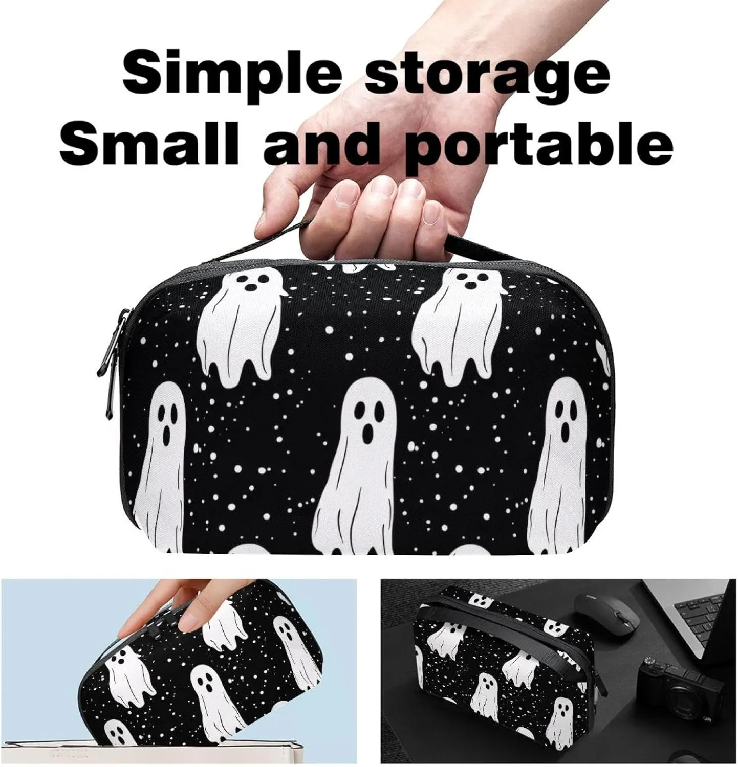 Electronics Organizer, Halloween Ghost Spooky Pattern Small Travel Cable Organizer Carrying Bag, Compact Tech Case Bag for Electronic Accessories, Cords, Charger, USB, Hard Drives