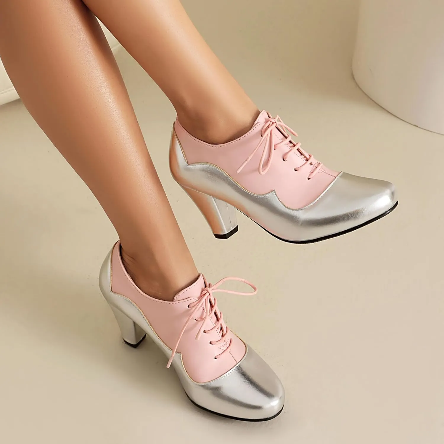 Elerhythm Women's Mary Jane 1920s Pump Heels Oxford Classic and Retro Lace Up Two Tones 1950s Vintage Round Closed Toe 1940s Shoes