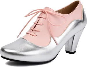 Elerhythm Women's Mary Jane 1920s Pump Heels Oxford Classic and Retro Lace Up Two Tones 1950s Vintage Round Closed Toe 1940s Shoes