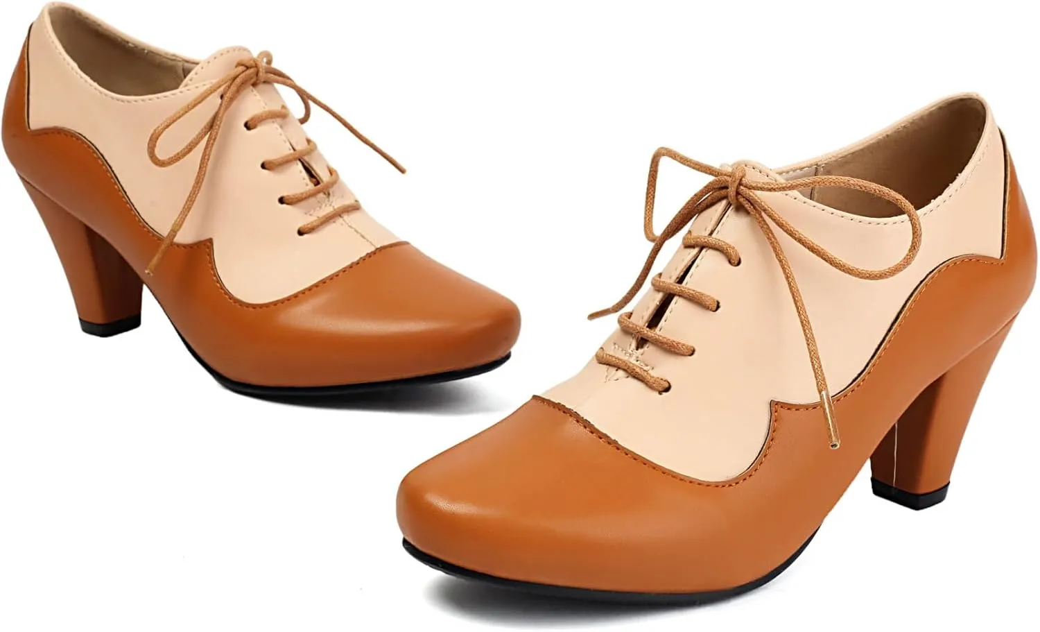 Elerhythm Women's Mary Jane 1920s Pump Heels Oxford Classic and Retro Lace Up Two Tones 1950s Vintage Round Closed Toe 1940s Shoes
