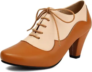 Elerhythm Women's Mary Jane 1920s Pump Heels Oxford Classic and Retro Lace Up Two Tones 1950s Vintage Round Closed Toe 1940s Shoes