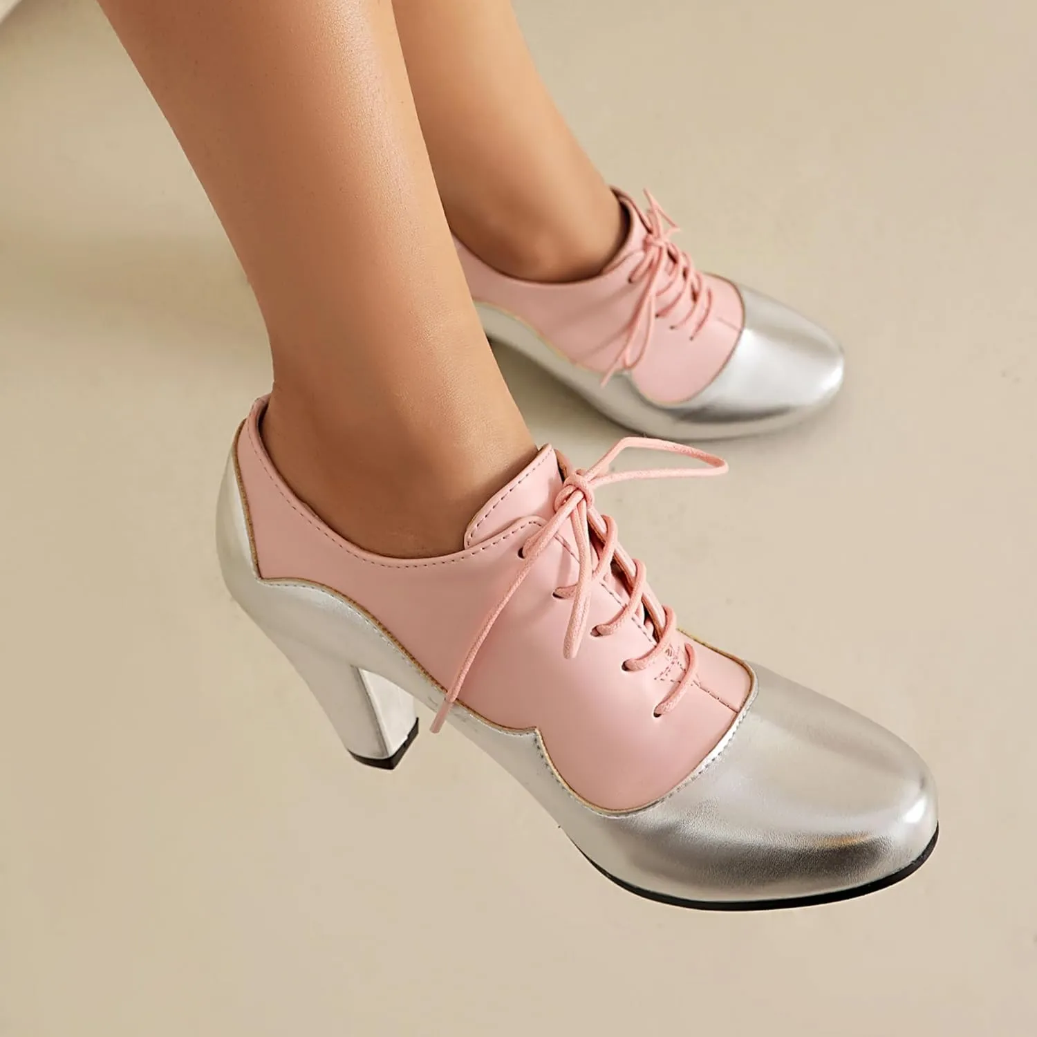 Elerhythm Women's Mary Jane 1920s Pump Heels Oxford Classic and Retro Lace Up Two Tones 1950s Vintage Round Closed Toe 1940s Shoes