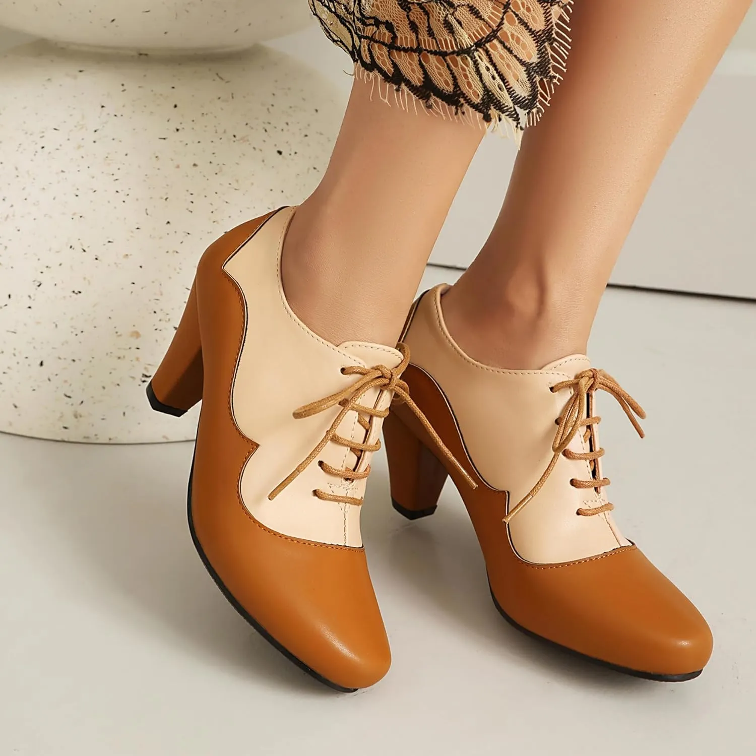 Elerhythm Women's Mary Jane 1920s Pump Heels Oxford Classic and Retro Lace Up Two Tones 1950s Vintage Round Closed Toe 1940s Shoes