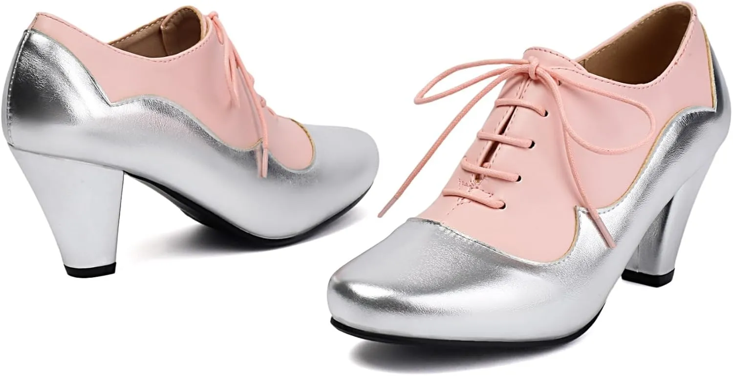 Elerhythm Women's Mary Jane 1920s Pump Heels Oxford Classic and Retro Lace Up Two Tones 1950s Vintage Round Closed Toe 1940s Shoes