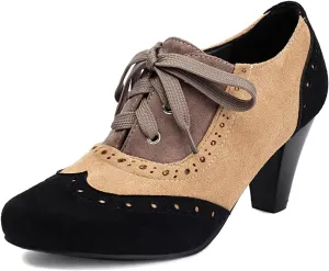 Elerhythm Women's Mary Jane 1920s Pump Heels Oxford Classic and Retro Lace Up Wingtip 1950s Vintage Round Closed Toe 1940s Shoes