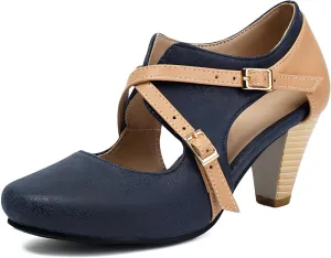 Elerhythm Women's Mary Jane 1920s Pump Heels Two Straps Classic and Retro 1950s Vintage Round Closed Toe 1940s Shoes