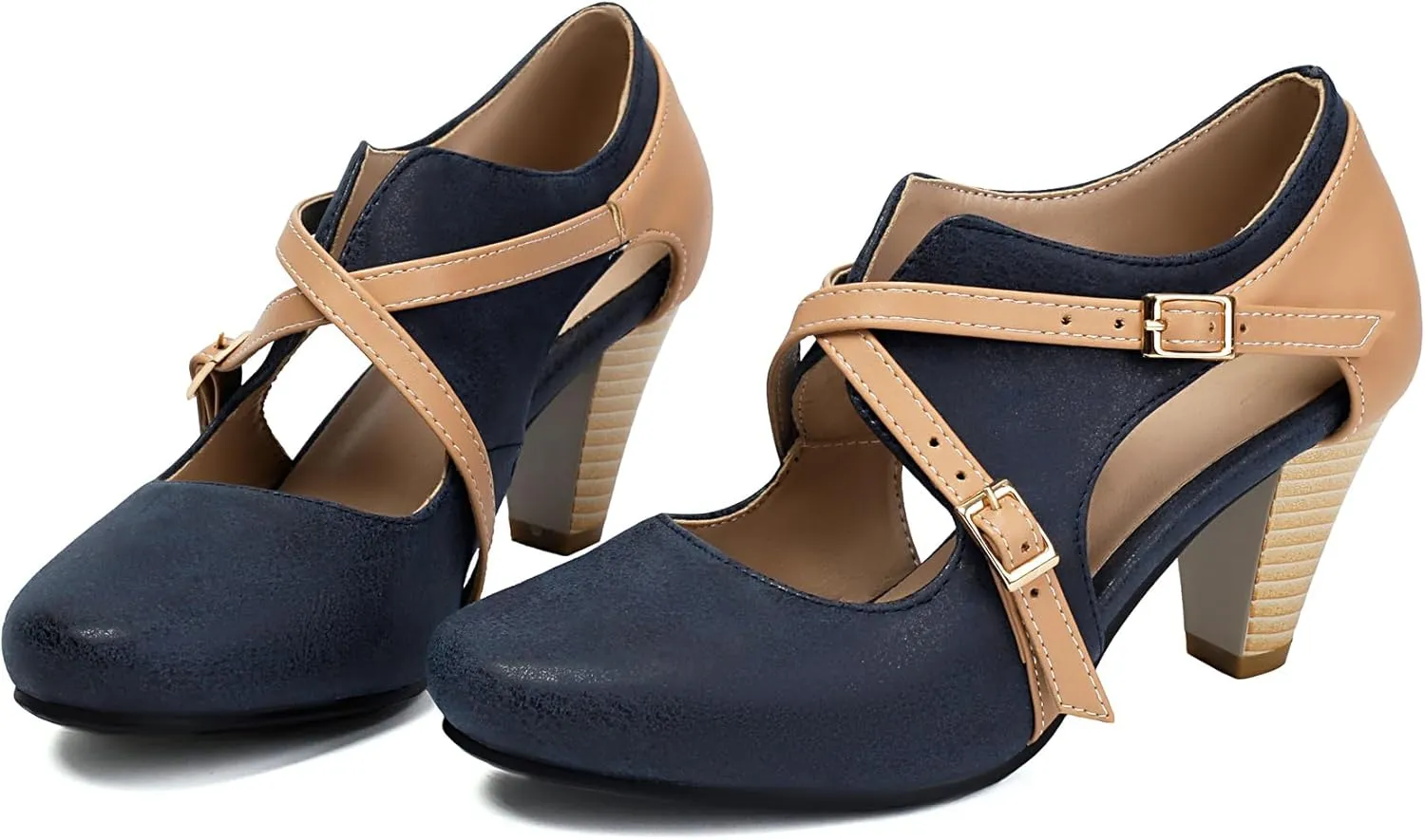Elerhythm Women's Mary Jane 1920s Pump Heels Two Straps Classic and Retro 1950s Vintage Round Closed Toe 1940s Shoes