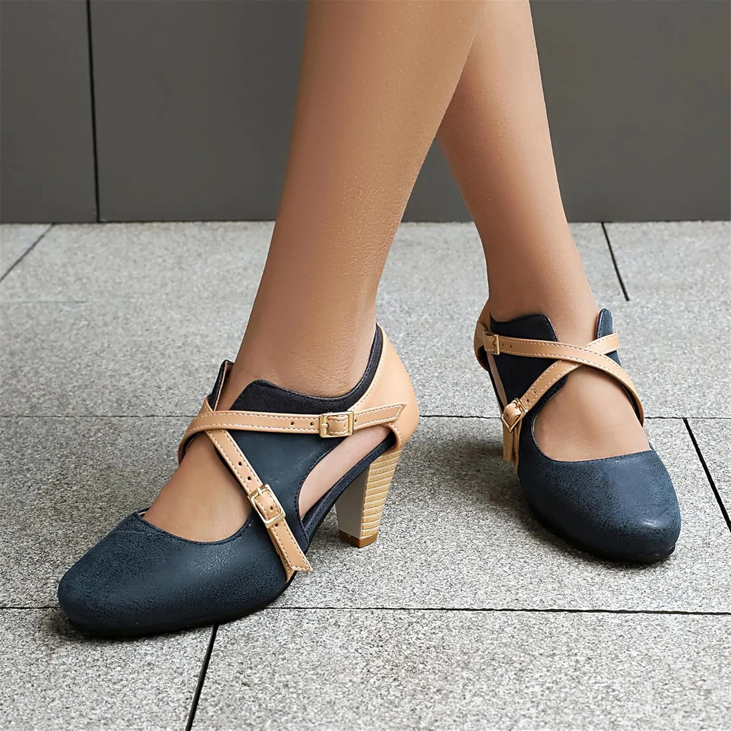 Elerhythm Women's Mary Jane 1920s Pump Heels Two Straps Classic and Retro 1950s Vintage Round Closed Toe 1940s Shoes