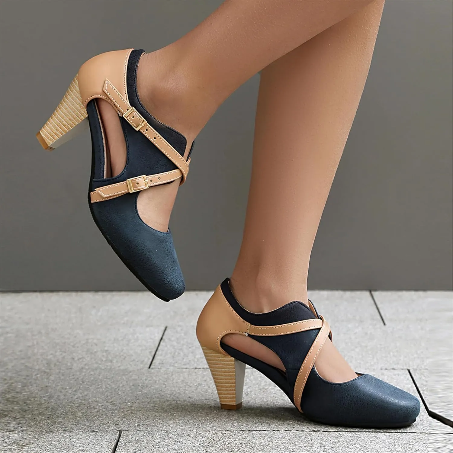Elerhythm Women's Mary Jane 1920s Pump Heels Two Straps Classic and Retro 1950s Vintage Round Closed Toe 1940s Shoes