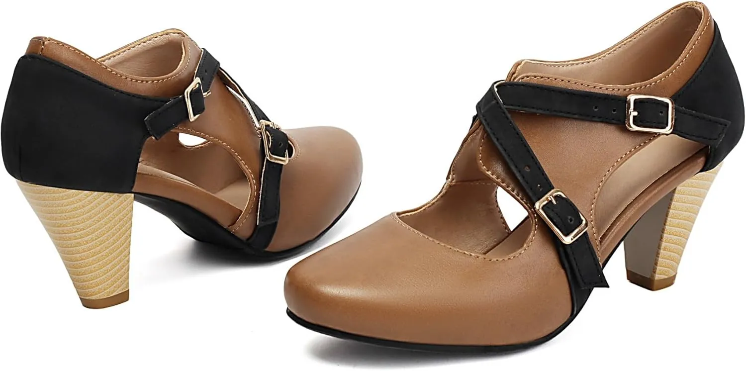 Elerhythm Women's Mary Jane 1920s Pump Heels Two Straps Classic and Retro 1950s Vintage Round Closed Toe 1940s Shoes