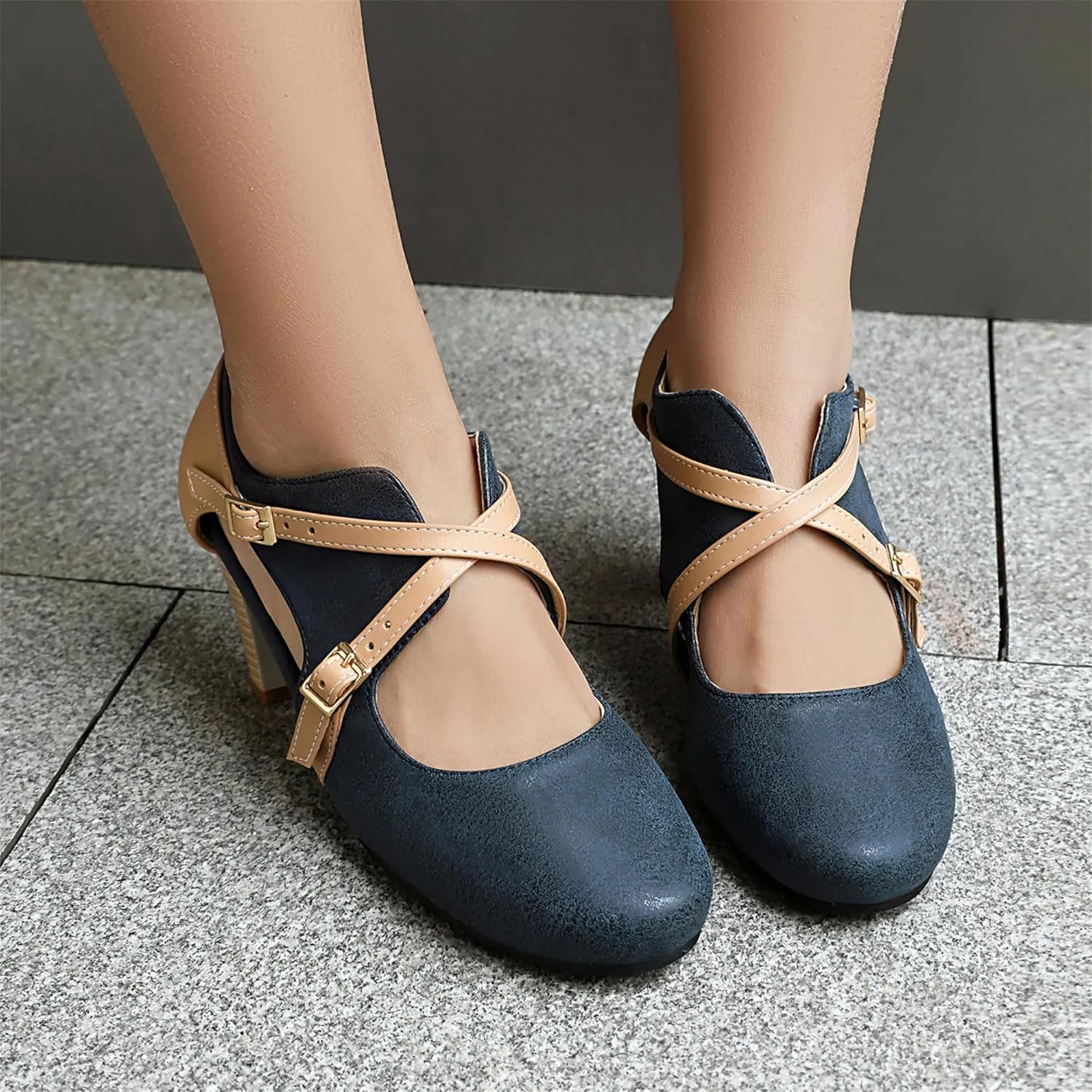 Elerhythm Women's Mary Jane 1920s Pump Heels Two Straps Classic and Retro 1950s Vintage Round Closed Toe 1940s Shoes