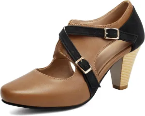 Elerhythm Women's Mary Jane 1920s Pump Heels Two Straps Classic and Retro 1950s Vintage Round Closed Toe 1940s Shoes