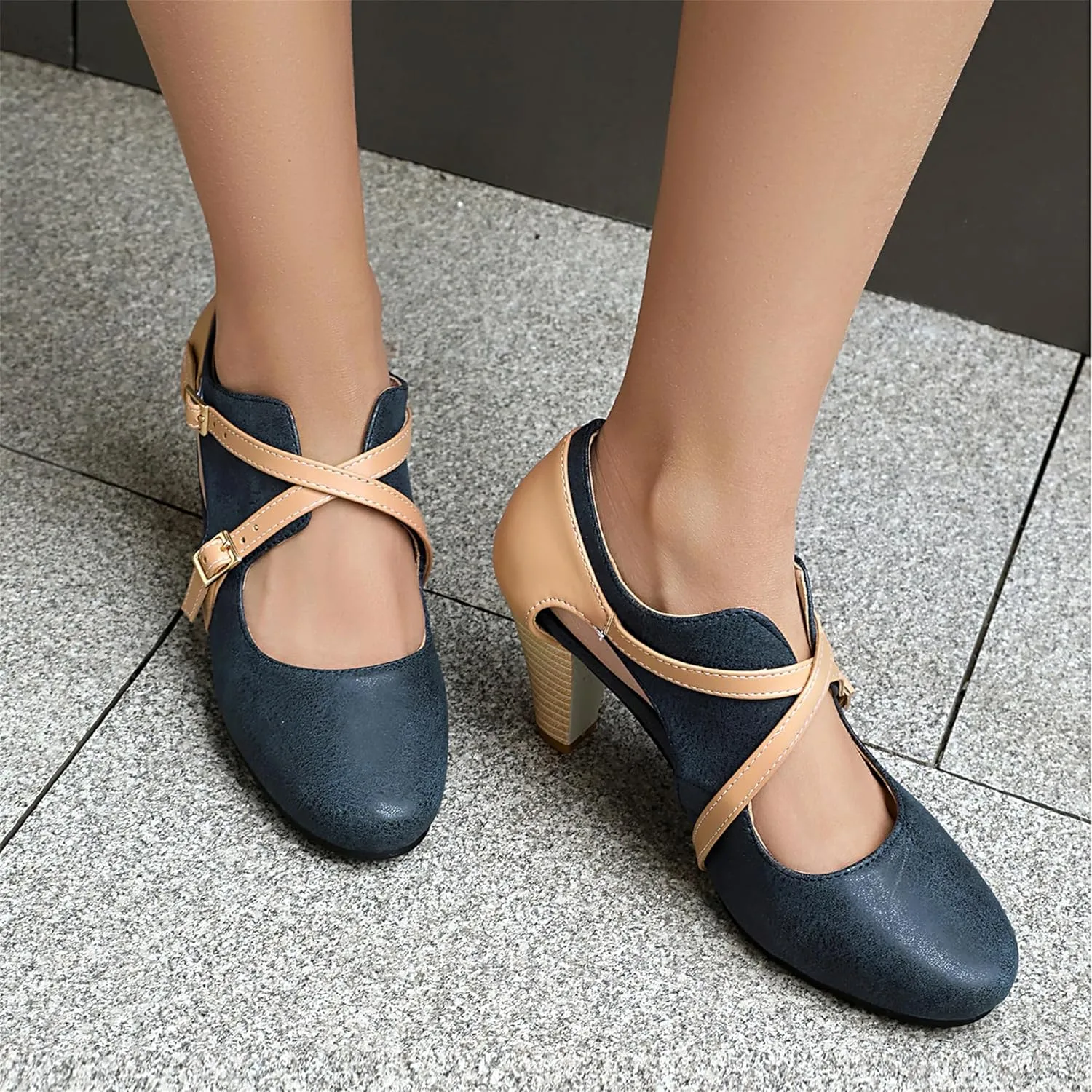 Elerhythm Women's Mary Jane 1920s Pump Heels Two Straps Classic and Retro 1950s Vintage Round Closed Toe 1940s Shoes
