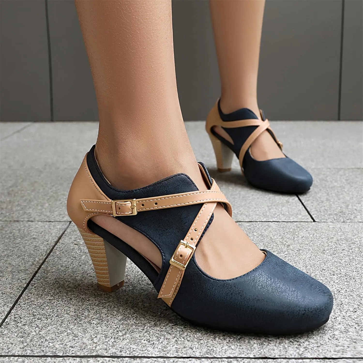 Elerhythm Women's Mary Jane 1920s Pump Heels Two Straps Classic and Retro 1950s Vintage Round Closed Toe 1940s Shoes