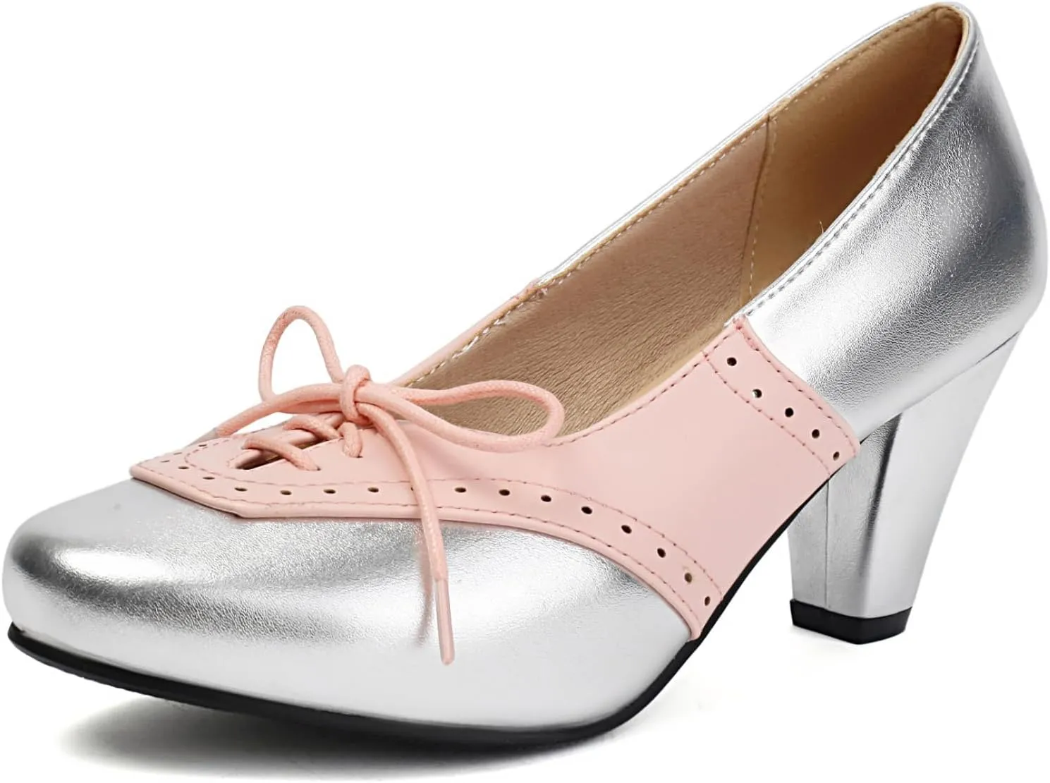 Elerhythm Women's Mary Jane 1920s Pump Heels Two Tones Classic and Retro Lace Up Wingtip 1950s Vintage Round Closed Toe 1940s Shoes