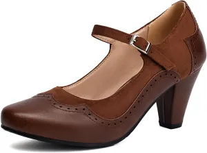 Elerhythm Women's Mary Jane Classic and Retro 1920s Pump Heels Gatsby Oxford Pattern 1950s Pinup Vintage Round Closed Toe 1940s Ankle Strap Dress Shoes