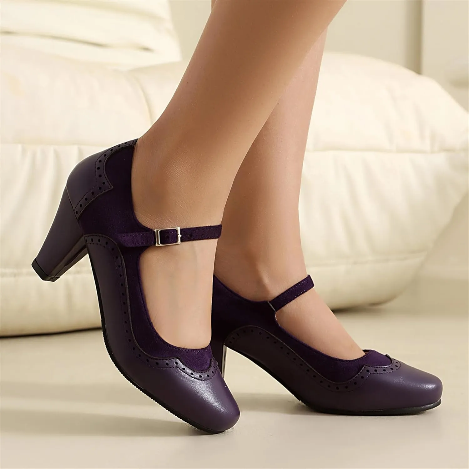 Elerhythm Women's Mary Jane Classic and Retro 1920s Pump Heels Gatsby Oxford Pattern 1950s Pinup Vintage Round Closed Toe 1940s Ankle Strap Dress Shoes